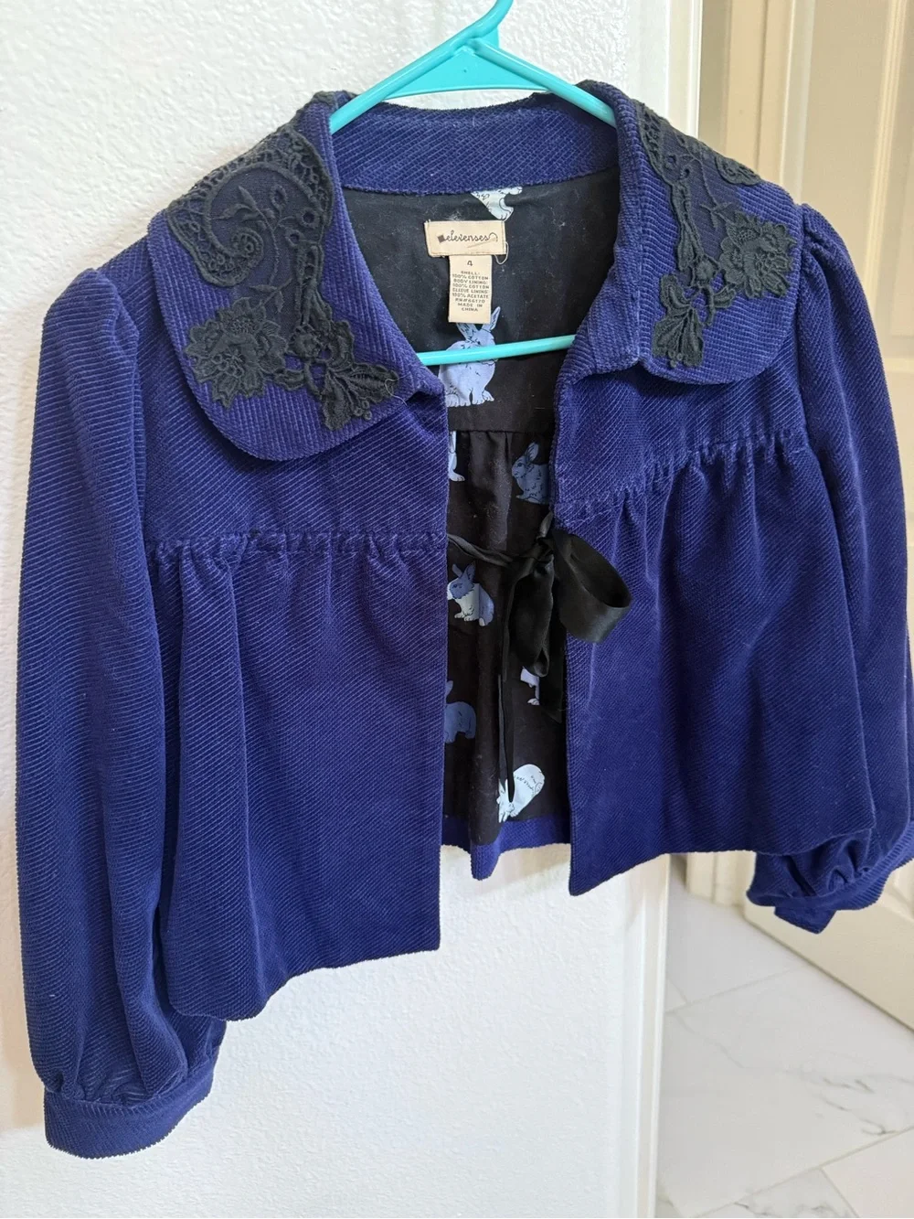 Wildflowers Girls' Navy Blue Corduroy Jacket with Black Lace Collar